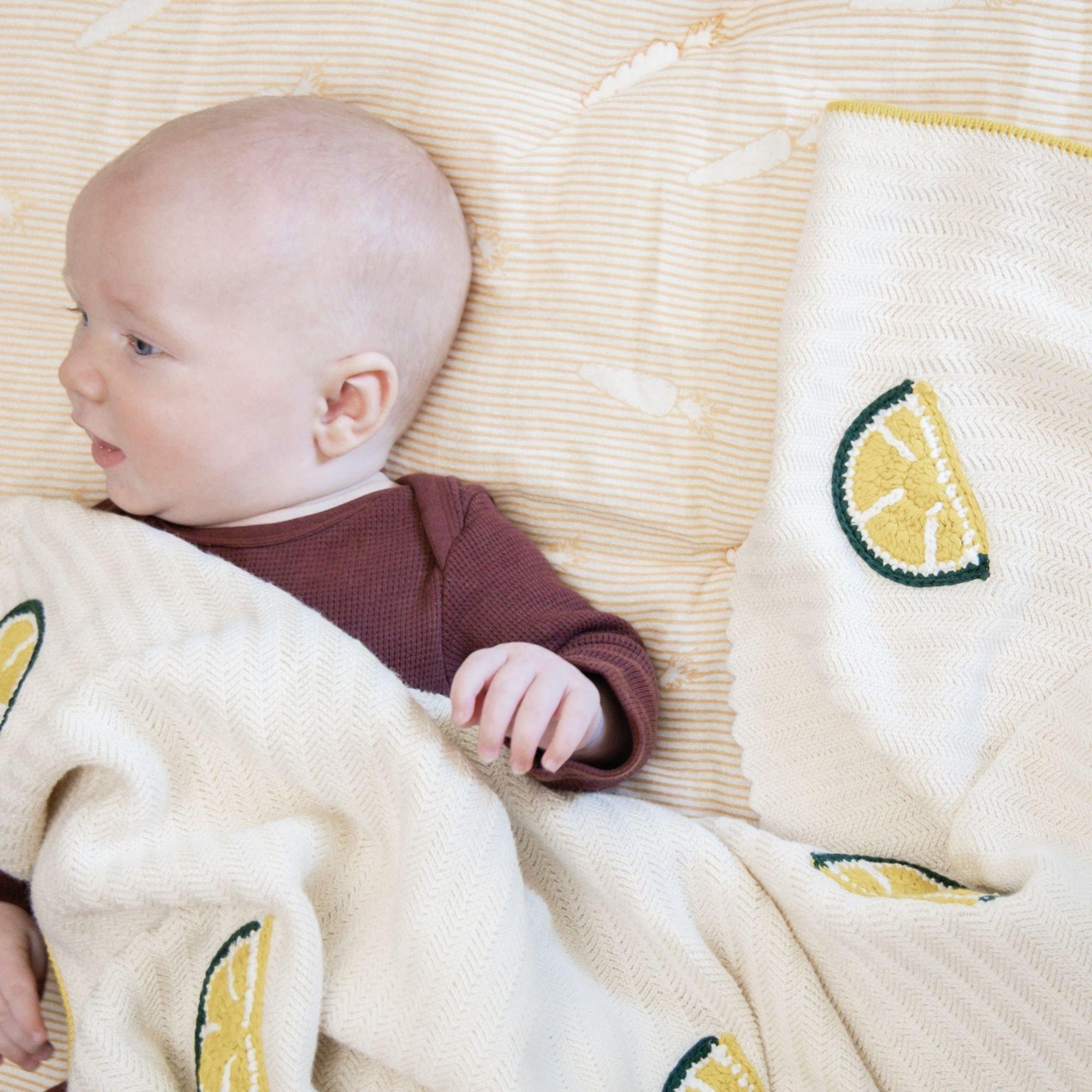 Clementine Lemon Embroidered Knit Baby Blanket image number 4