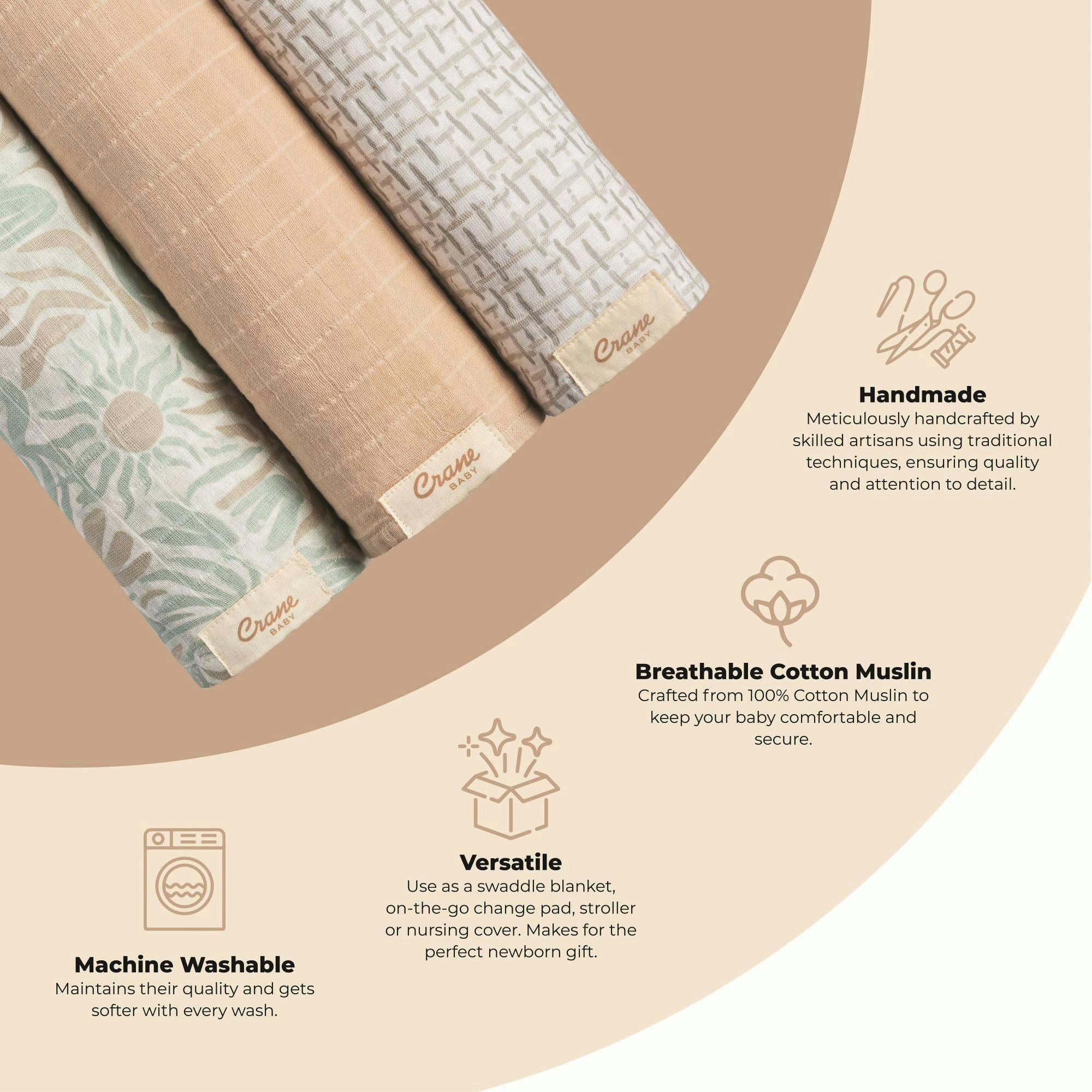 Cove Cotton Muslin Swaddle Blanket Set (Beach, Set of 3) image number 4