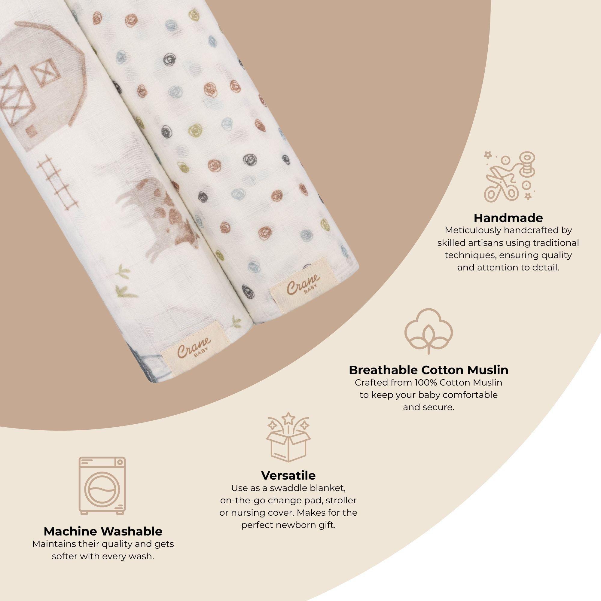 Charlie Cotton Muslin Swaddle Blanket Set (Tractor, Set of 2) image number 3