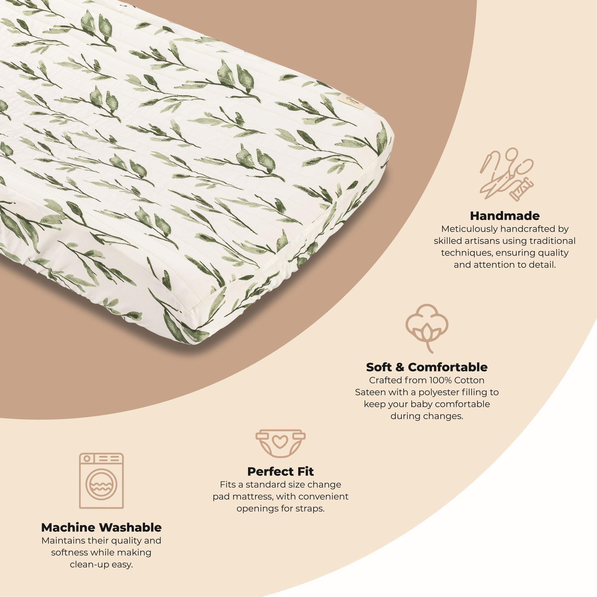 Parker Green Leaf Cotton Quilted Change Pad Cover image number 1