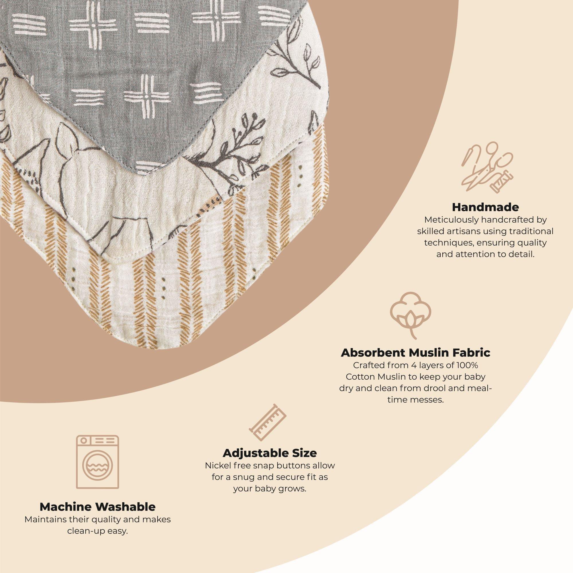 Ezra Woodland Cotton Bandana Baby Bib (3 Pack) image number 2