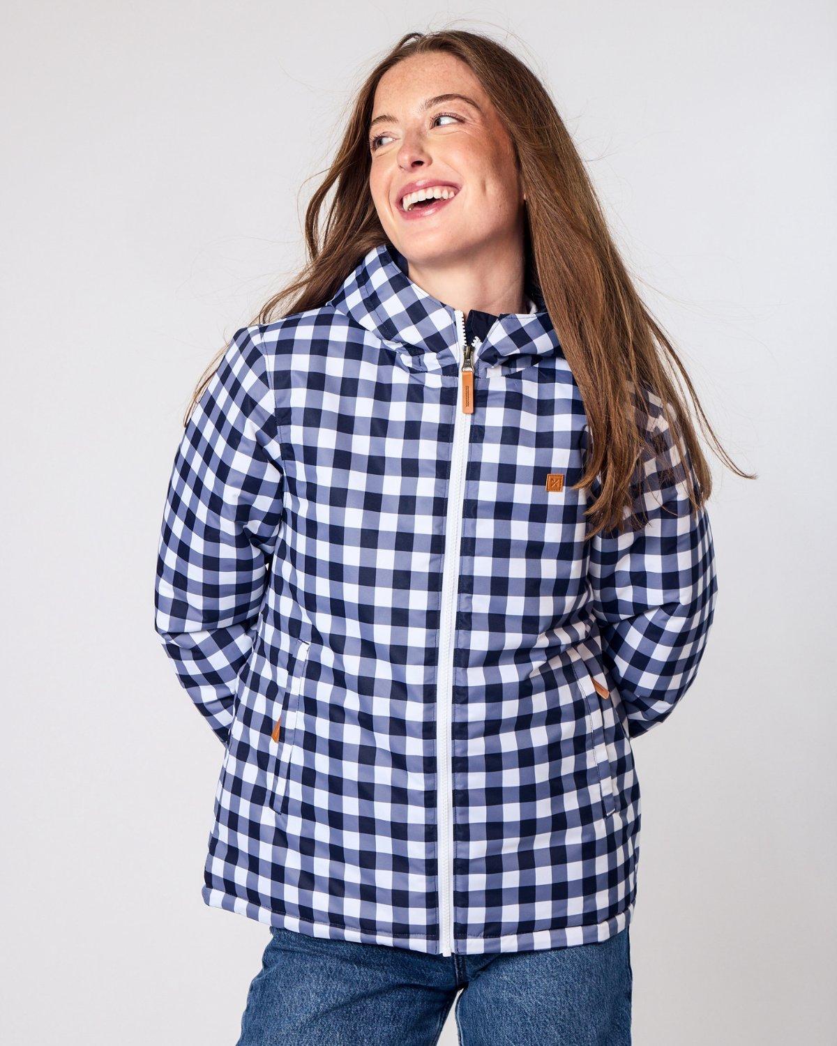 Women's Navy Gingham Winter Coat image number 2