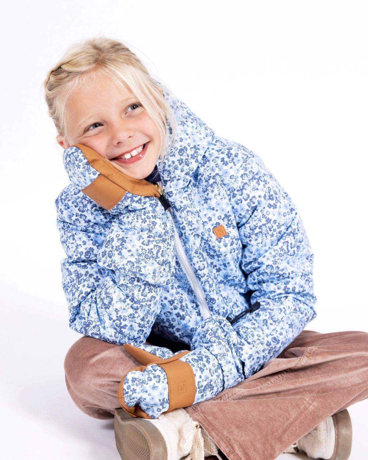 Kids Blue Ditsy Floral Waterproof Ski Mitten image number 2