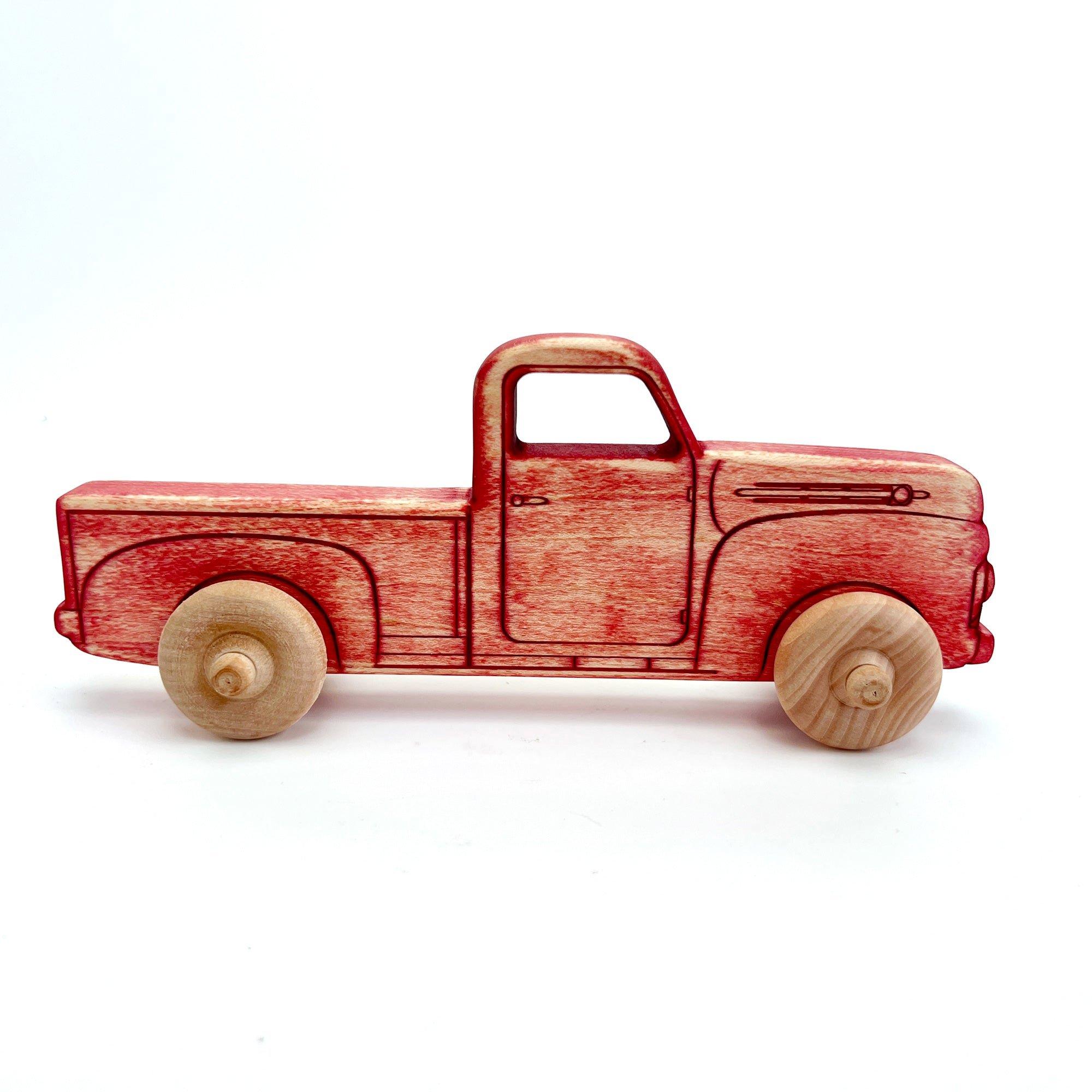 Montessori Educational 9" Vintage Red Wooden Pickup Truck image number 1