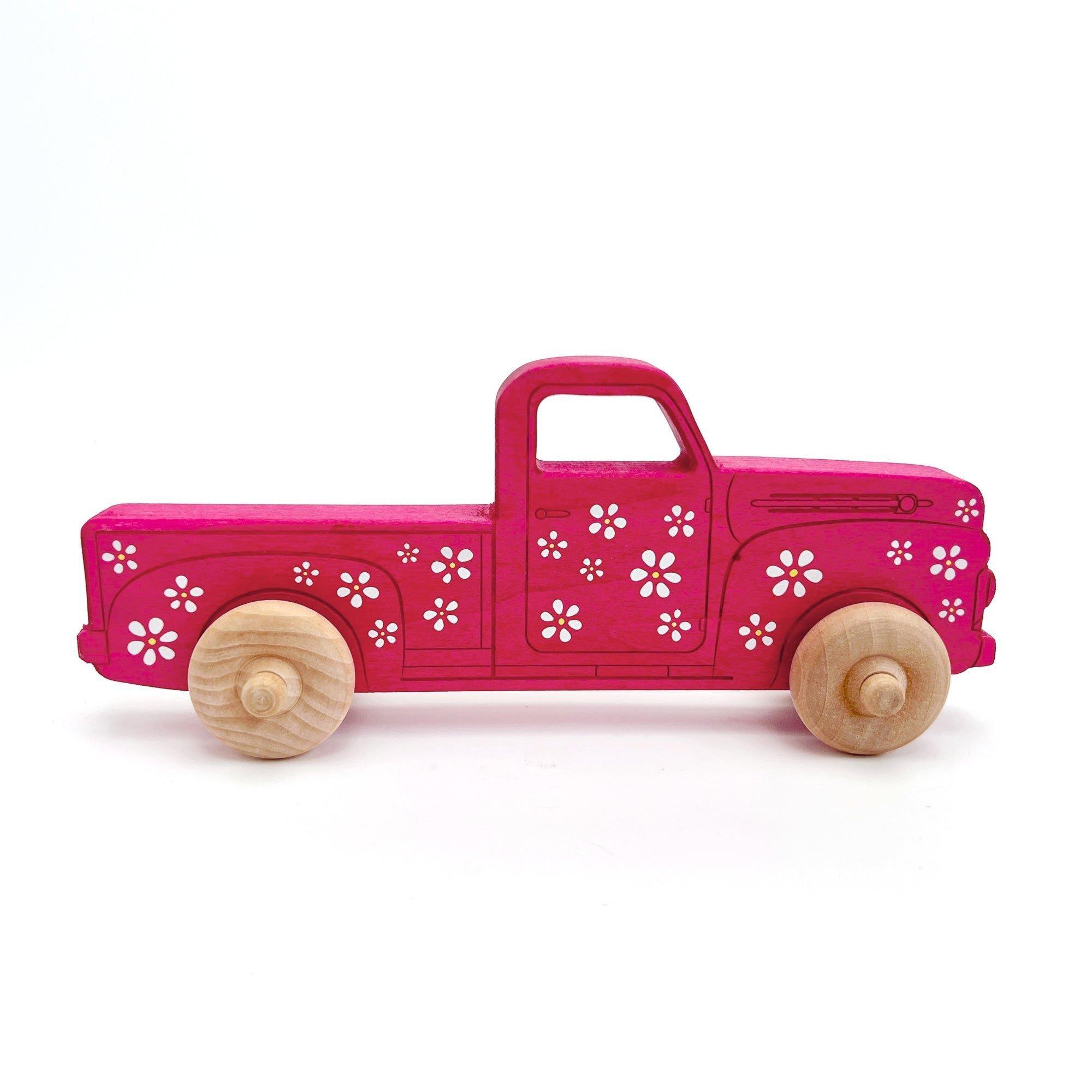 Montessori Educational 9" Pink Daisy Wooden Pickup Truck image number 1