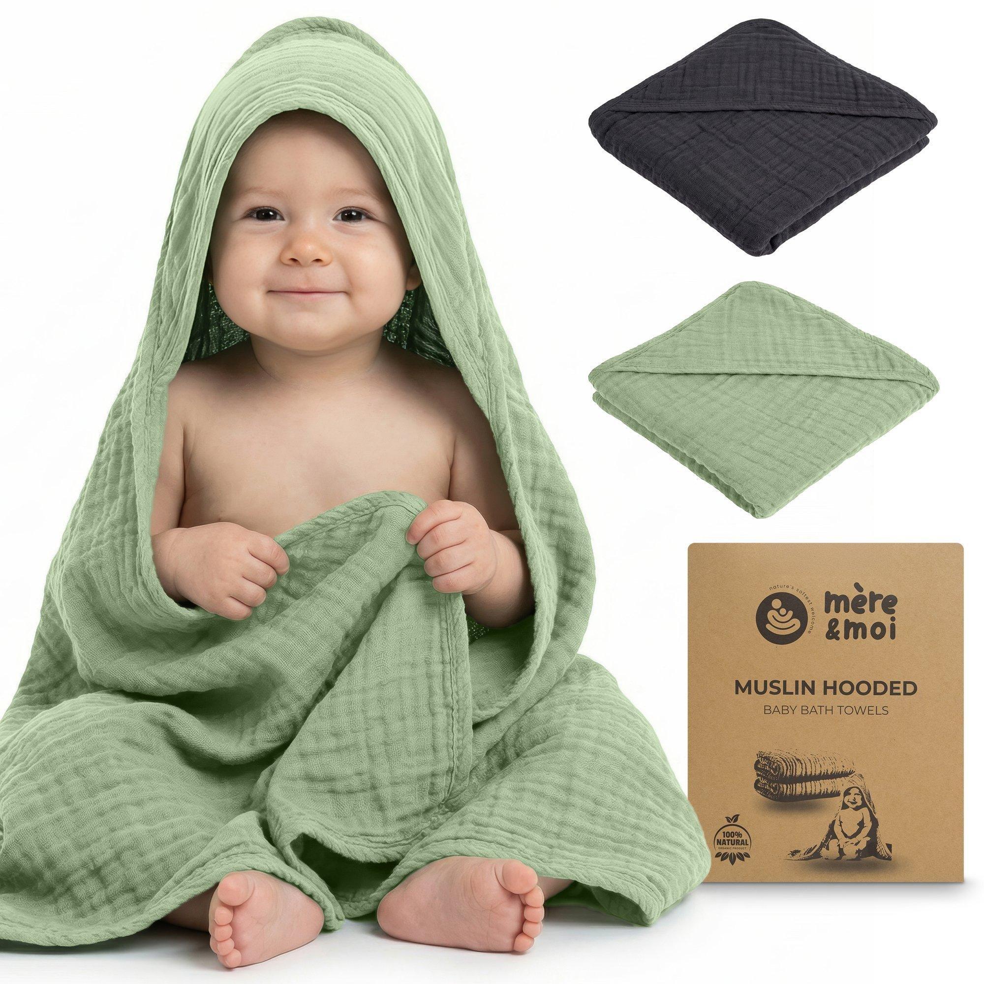 Hooded Baby Bath Towel: 2pk - Light Green & Charcoal image number 1