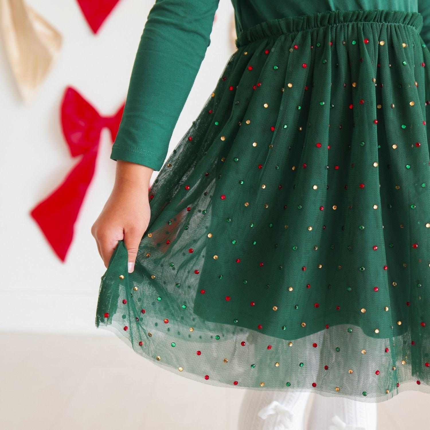 Emerald Rhinestone Christmas Long Sleeve Tutu Dress image number 3