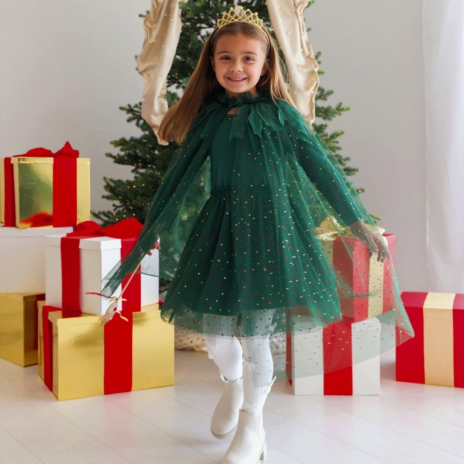 Emerald Rhinestone Christmas Long Sleeve Tutu Dress image number 1