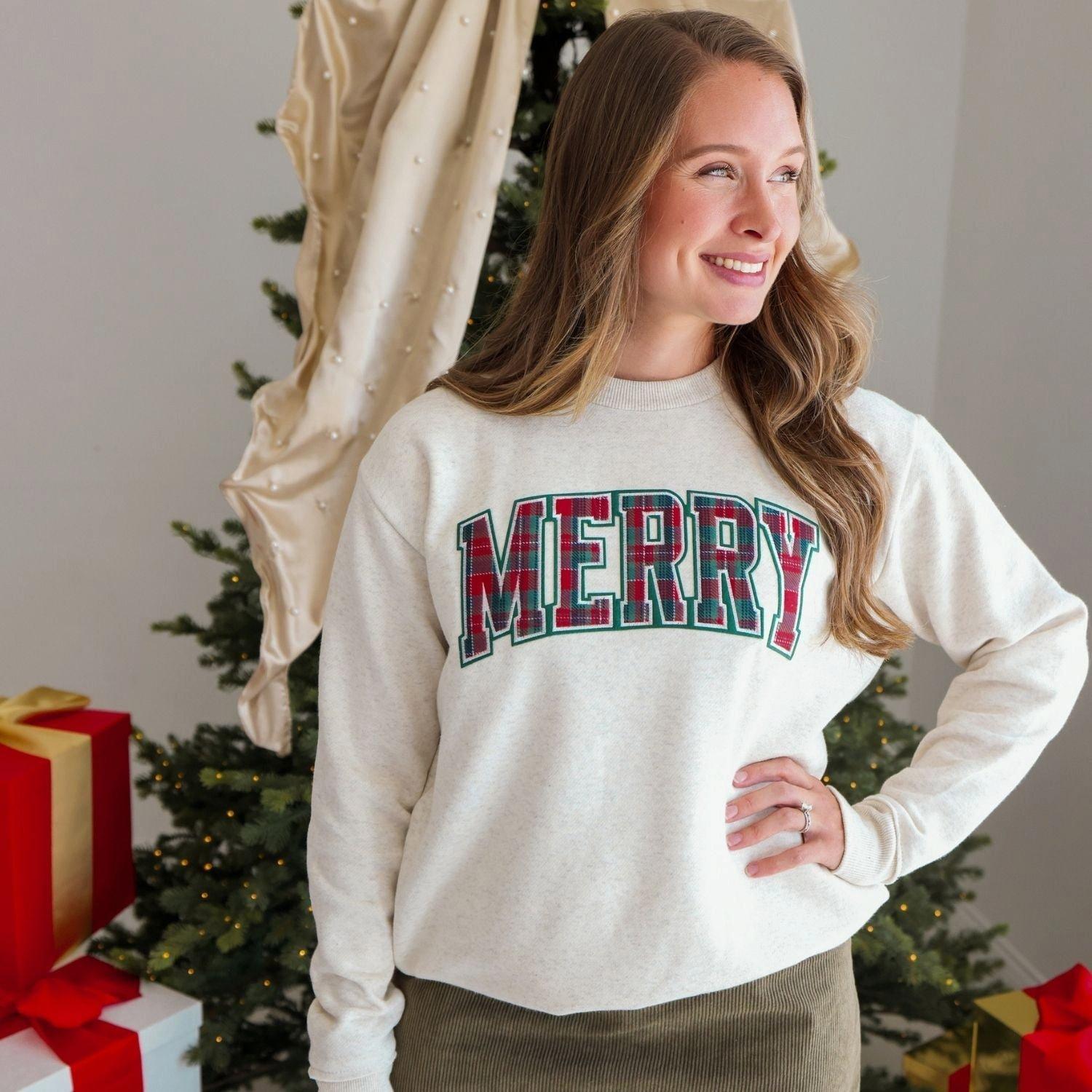 Merry Tartan Patch Christmas Women's Sweatshirt image number 1