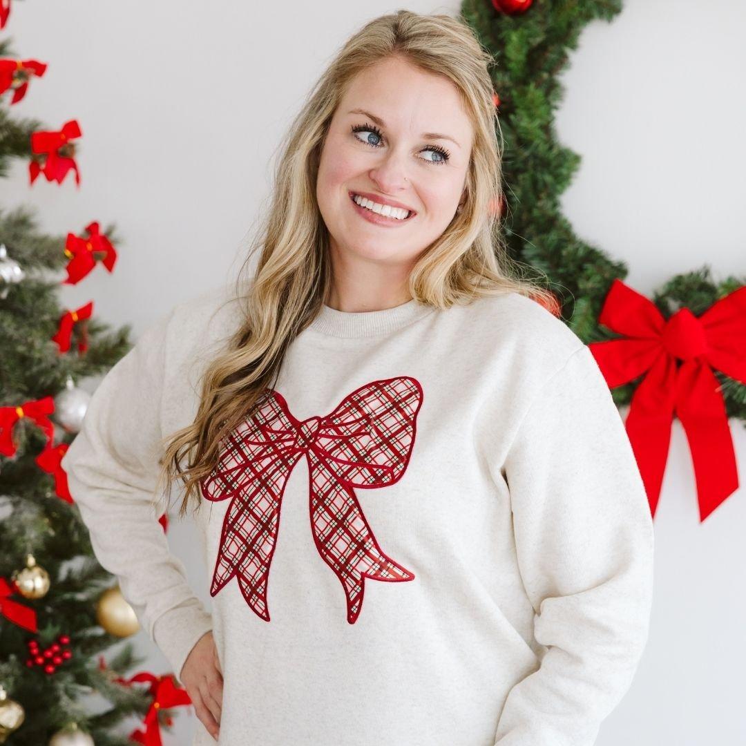 Christmas Plaid Bow Patch Women's Sweatshirt image number 2