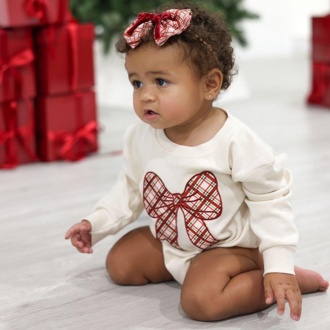Christmas Plaid Bow Patch Long Sleeve Romper image number 2