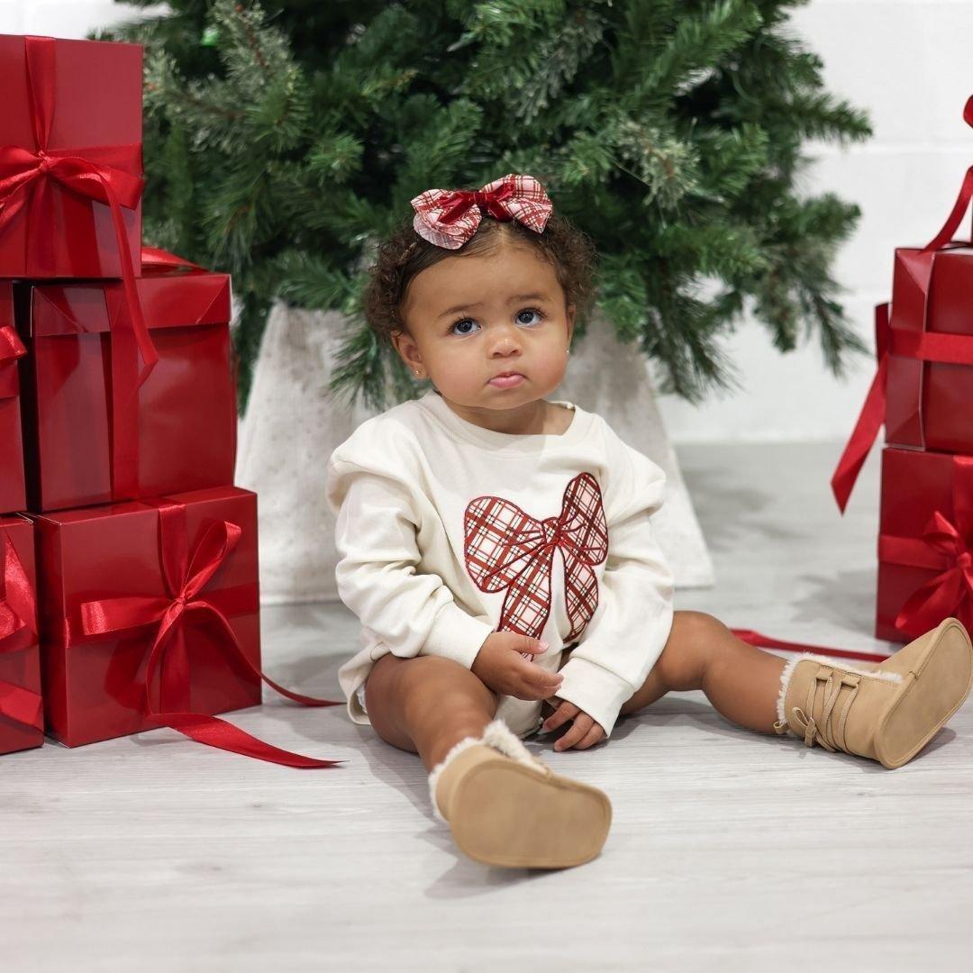 Christmas Plaid Bow Patch Long Sleeve Romper image number 1