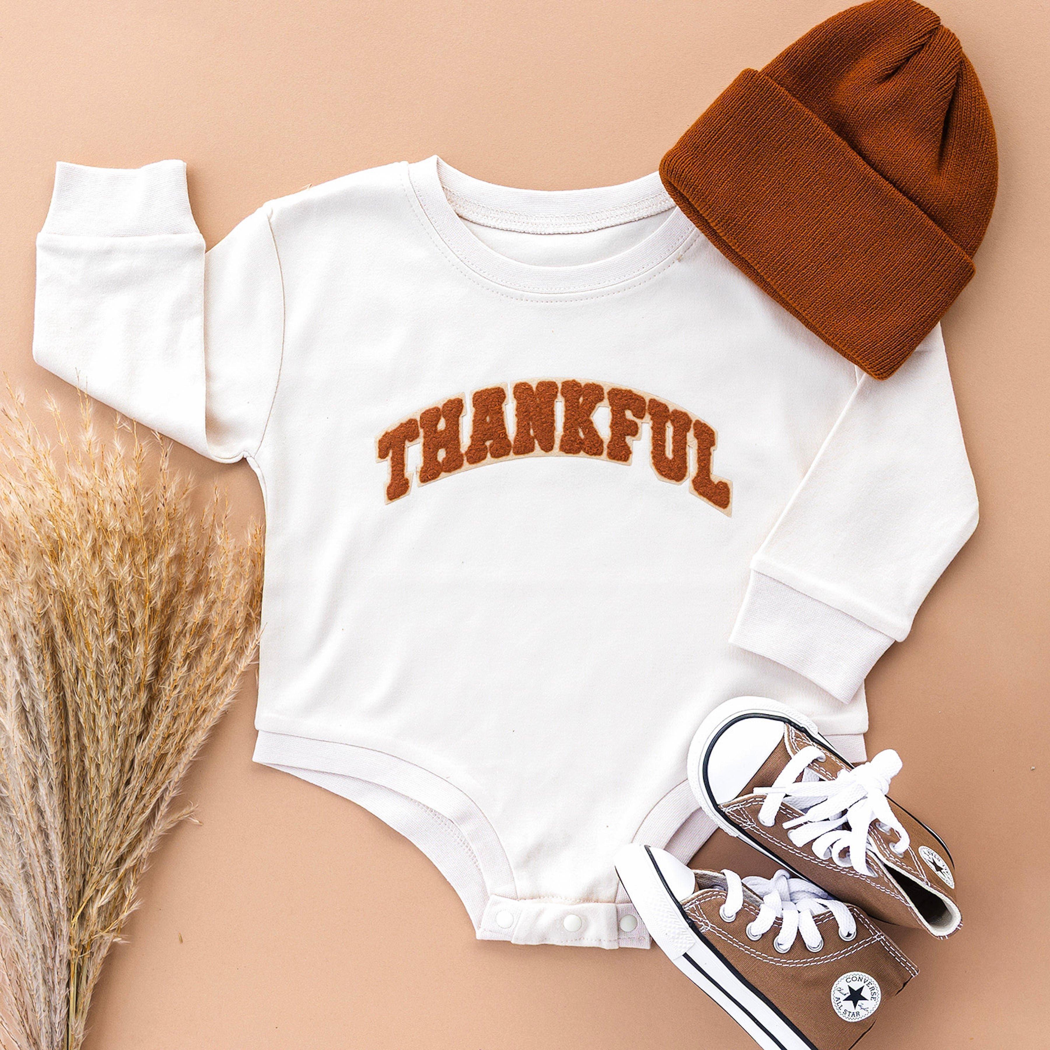 Thankful Varsity Patch Thanksgiving Long Sleeve Romper image number 3