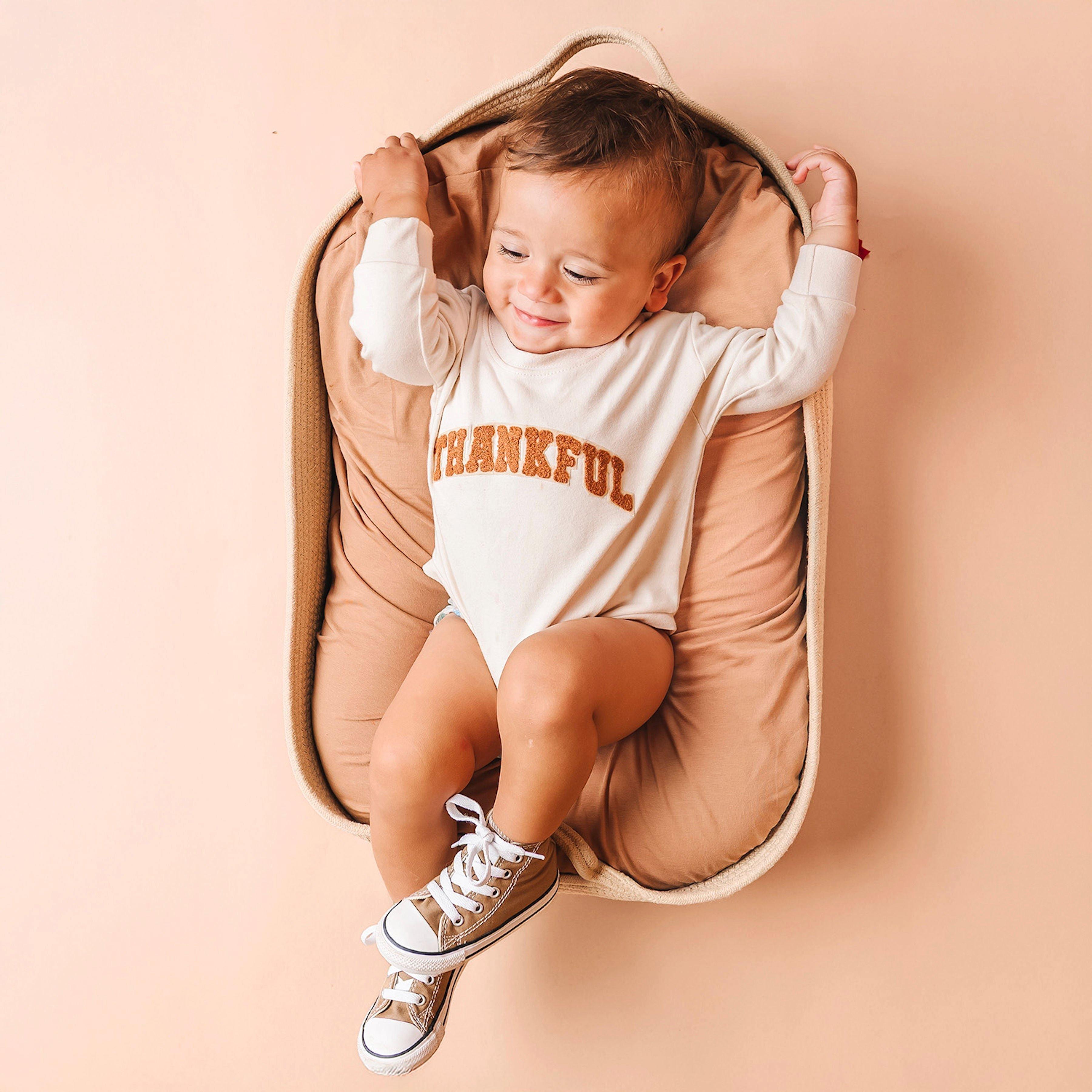 Thankful Varsity Patch Thanksgiving Long Sleeve Romper image number 1