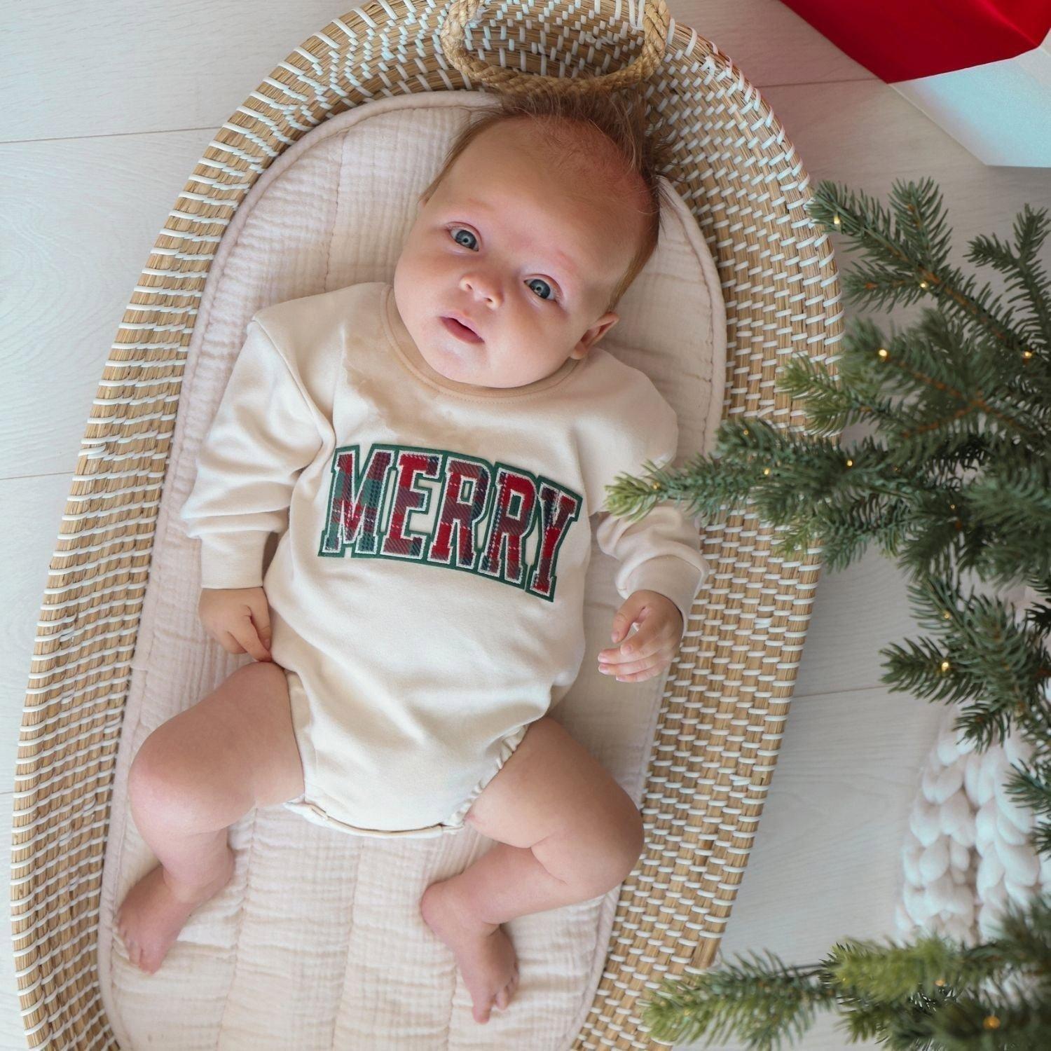 Merry Tartan Patch Christmas Long Sleeve Romper image number 2