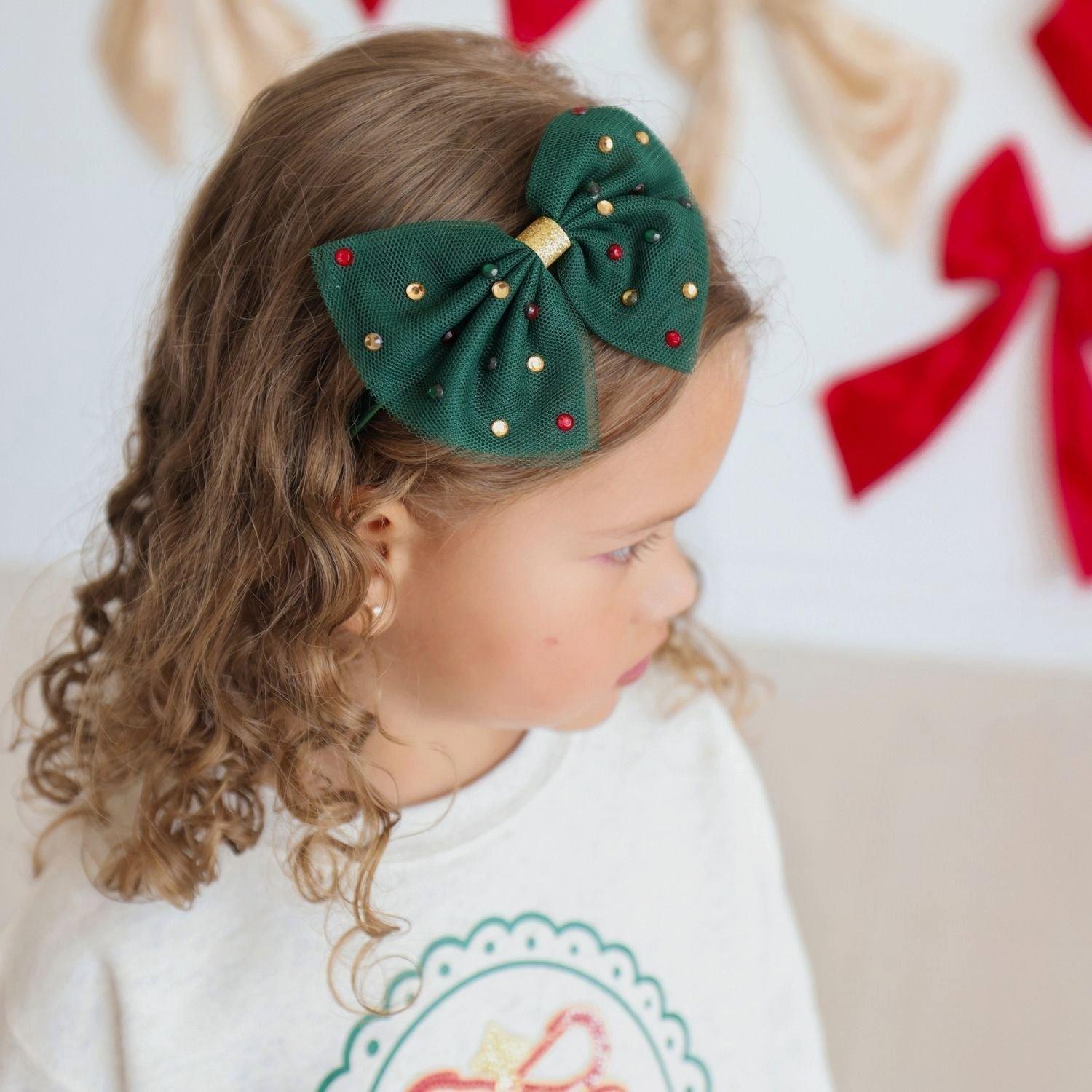 Emerald Rhinestone Christmas Tulle Bow Headband image number 2