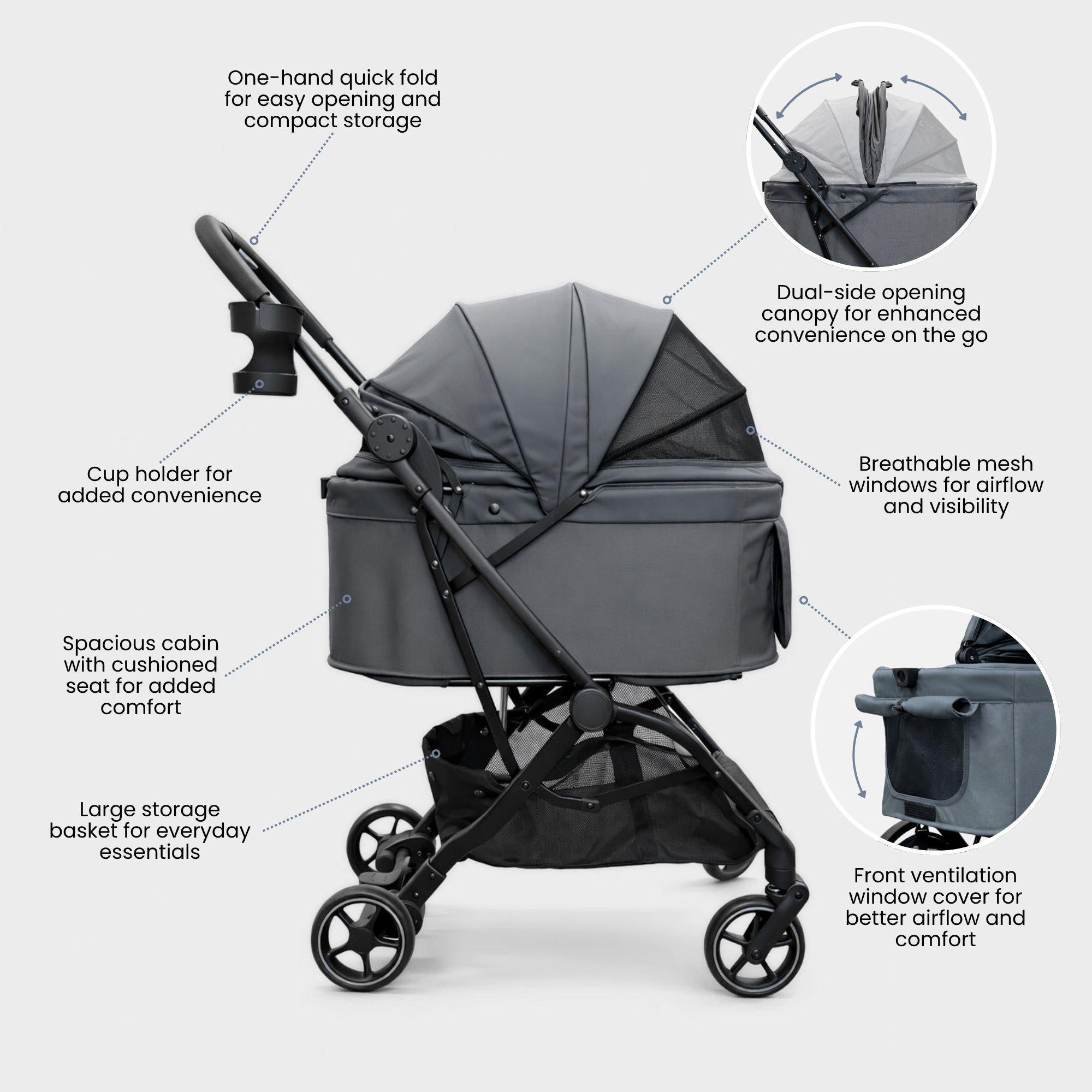 Lightweight & Compact Pet Stroller for Dogs & Cats - Charcoal image number 2