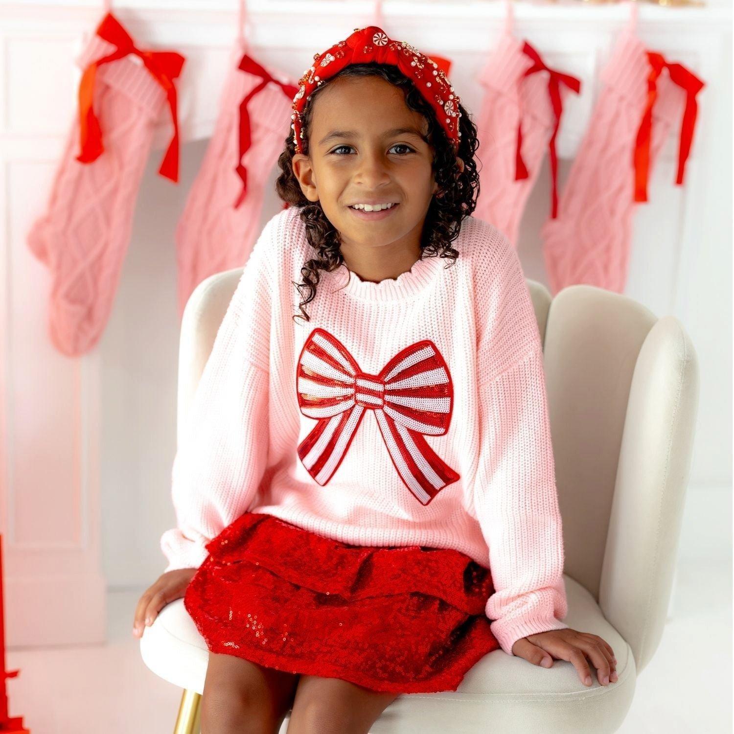 Candy Cane Sequin Bow Patch Christmas Sweater image number 3