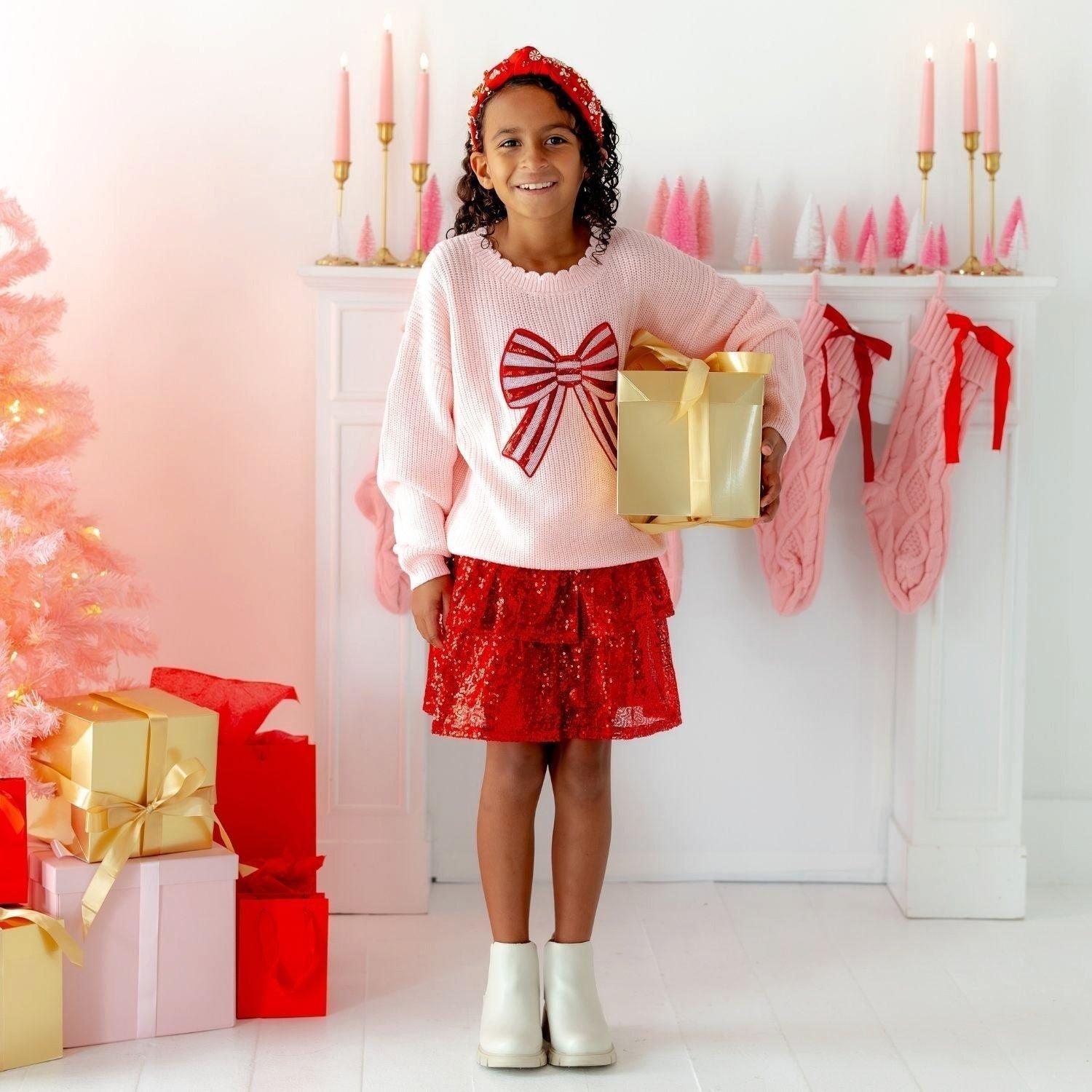 Candy Cane Sequin Bow Patch Christmas Sweater image number 1