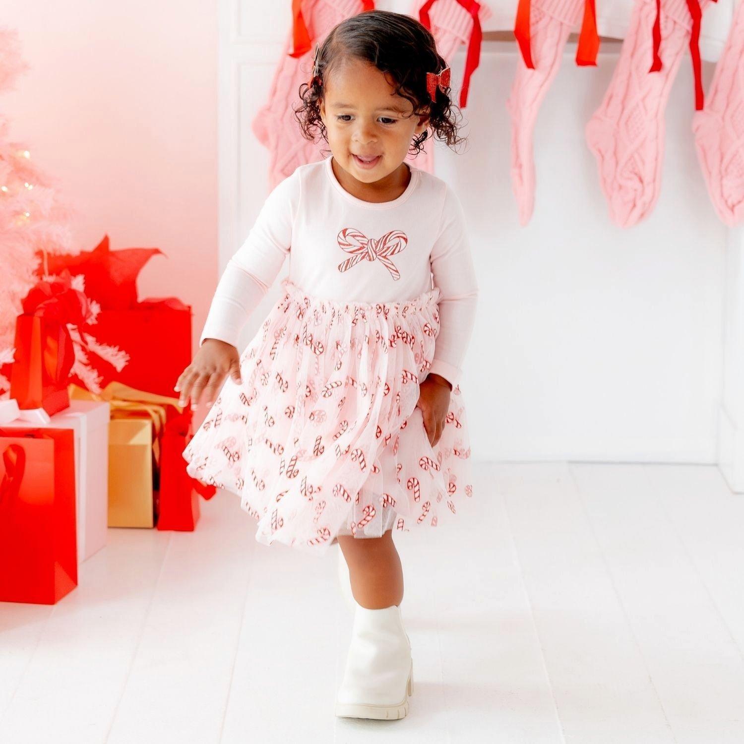 Candy Cane Confetti Christmas Long Sleeve Tutu Dress image number 2