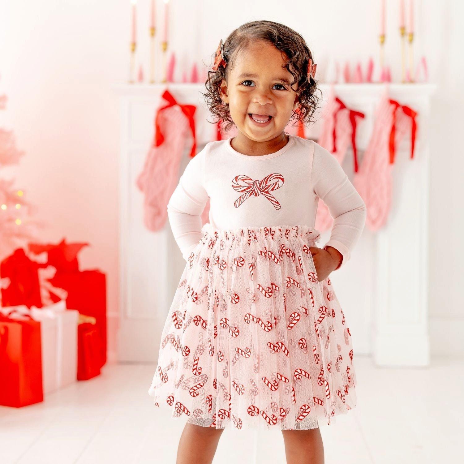 Candy Cane Confetti Christmas Long Sleeve Tutu Dress image number 1