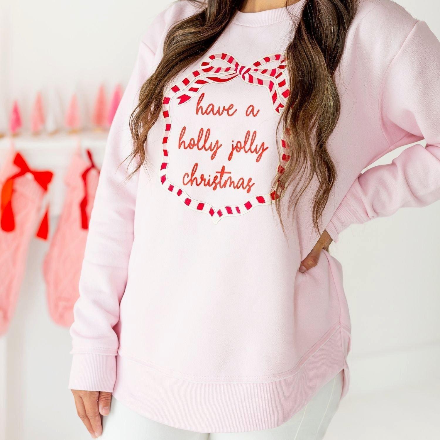 Holly Jolly Christmas Sequin Bow Patch Women's Sweatshirt image number 2