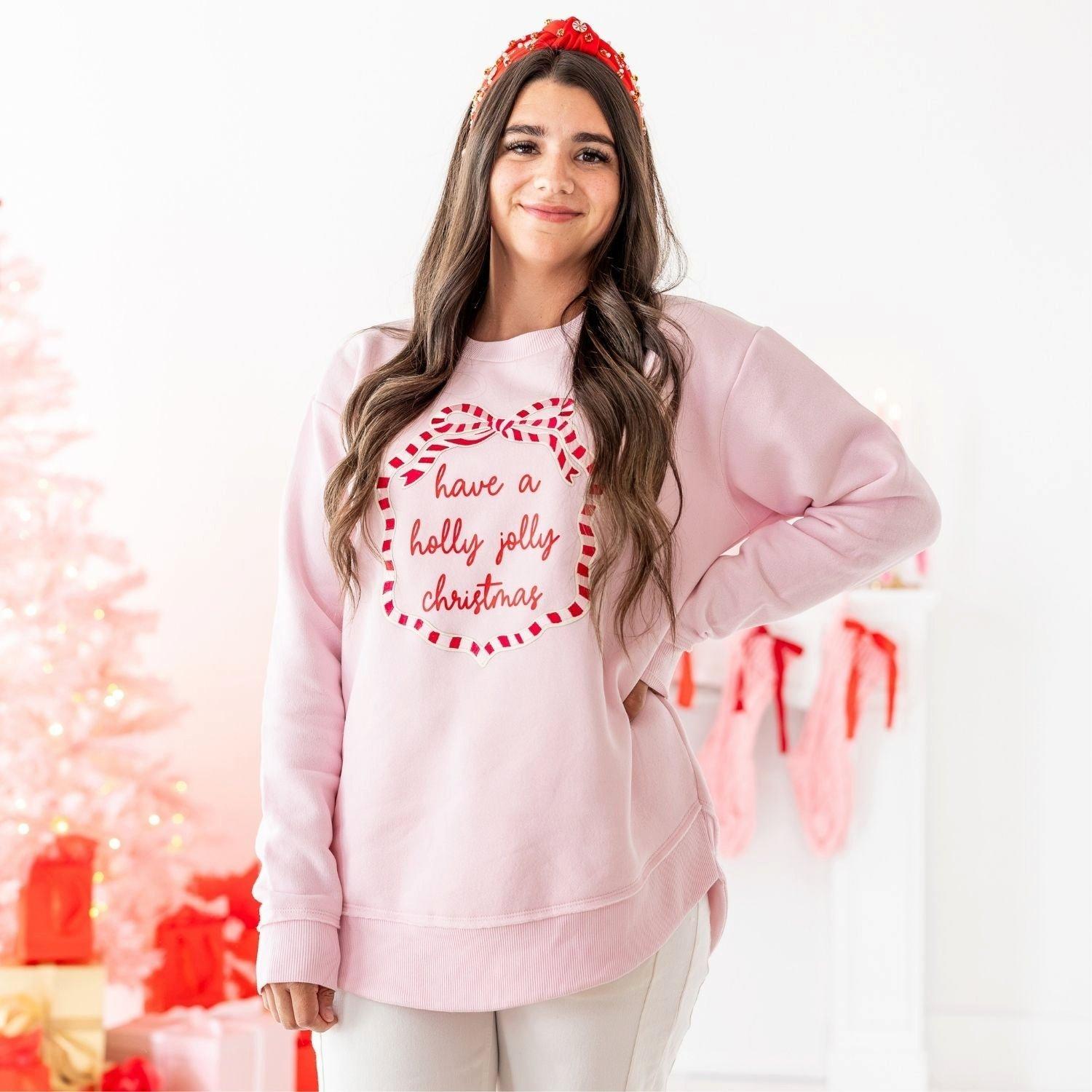 Holly Jolly Christmas Sequin Bow Patch Women's Sweatshirt image number 3