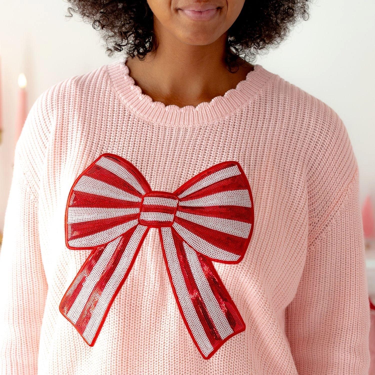 Candy Cane Sequin Bow Patch Christmas Women's Sweater image number 2