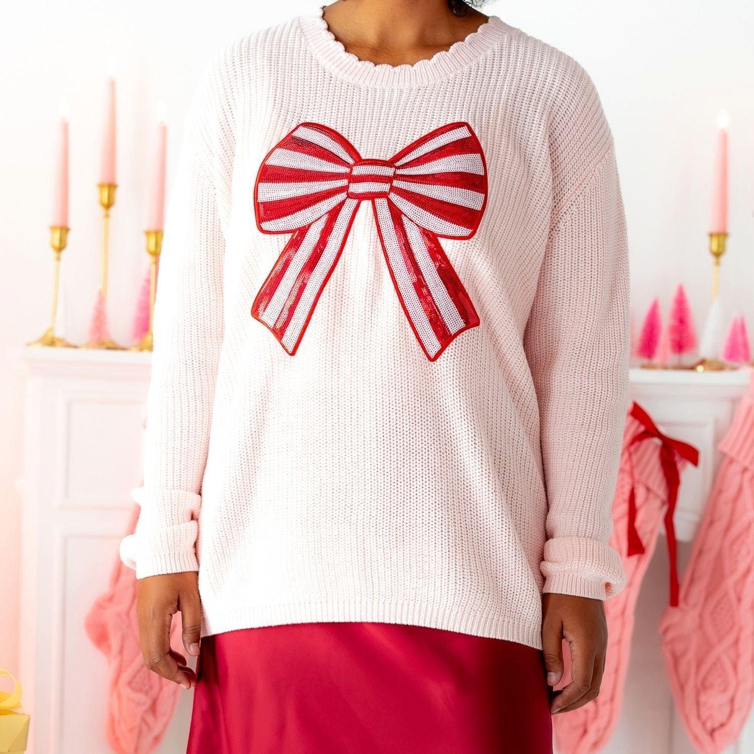 Candy Cane Sequin Bow Patch Christmas Women's Sweater image number 3