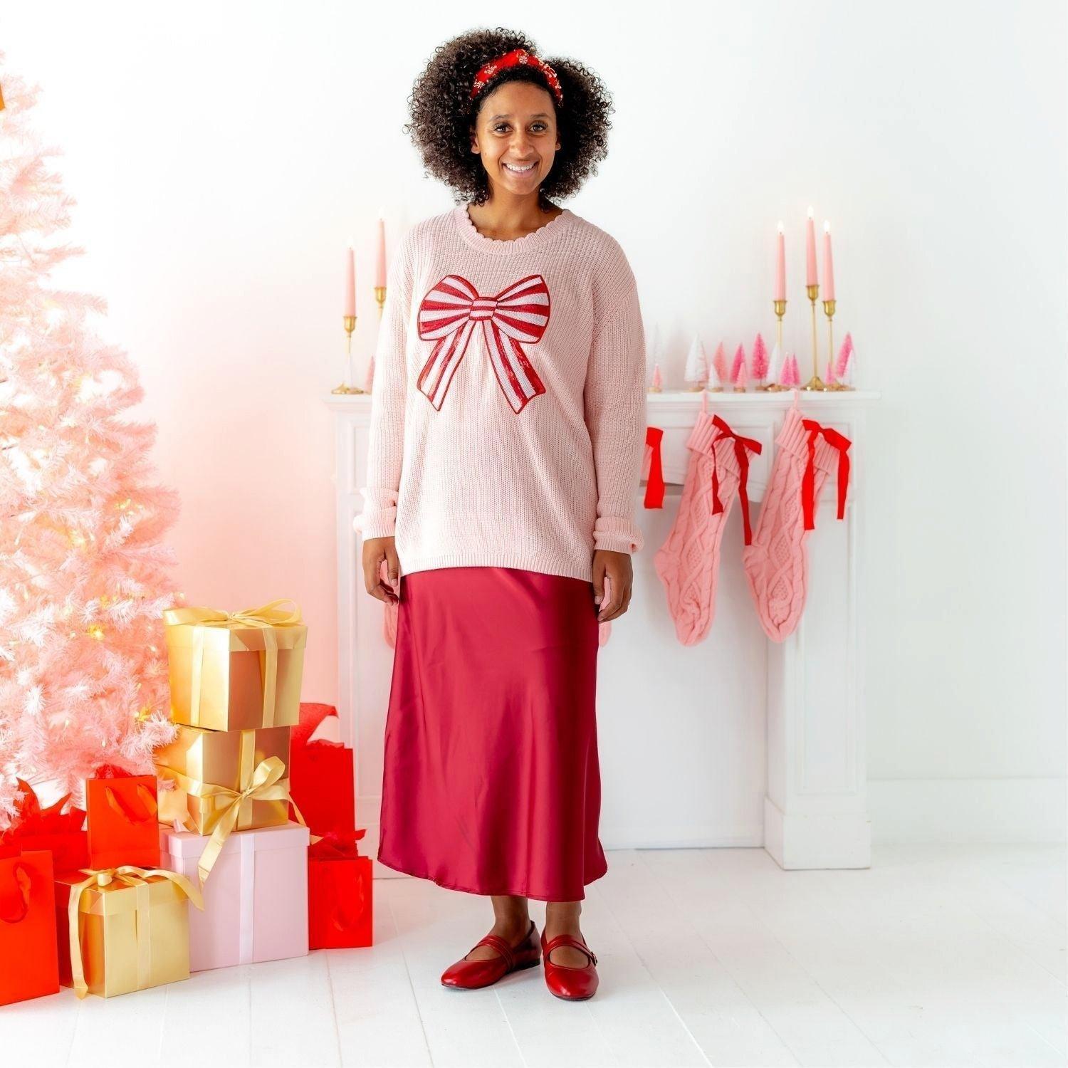 Candy Cane Sequin Bow Patch Christmas Women's Sweater image number 1