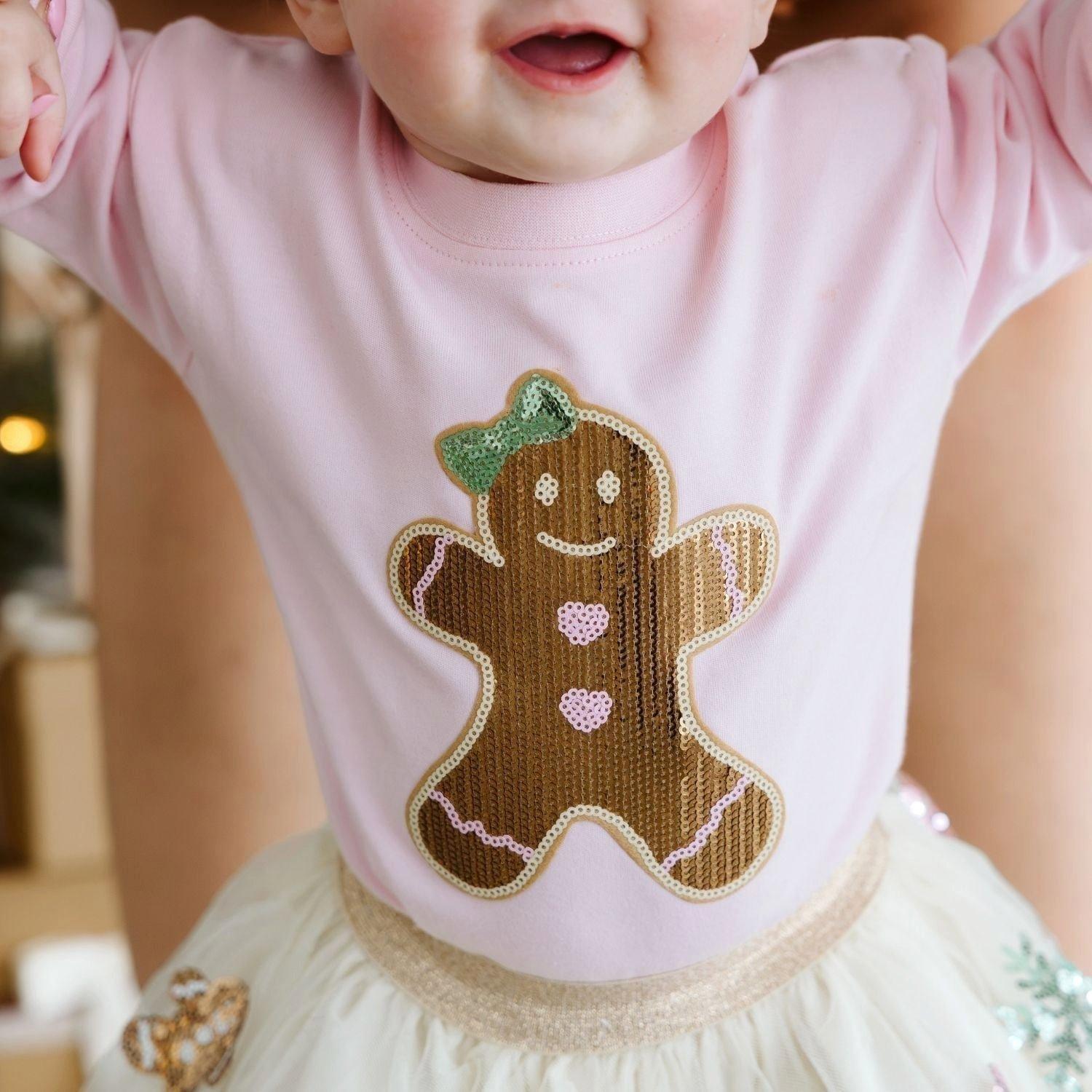 Gingerbread Sequin Patch Christmas Long Sleeve Romper image number 2