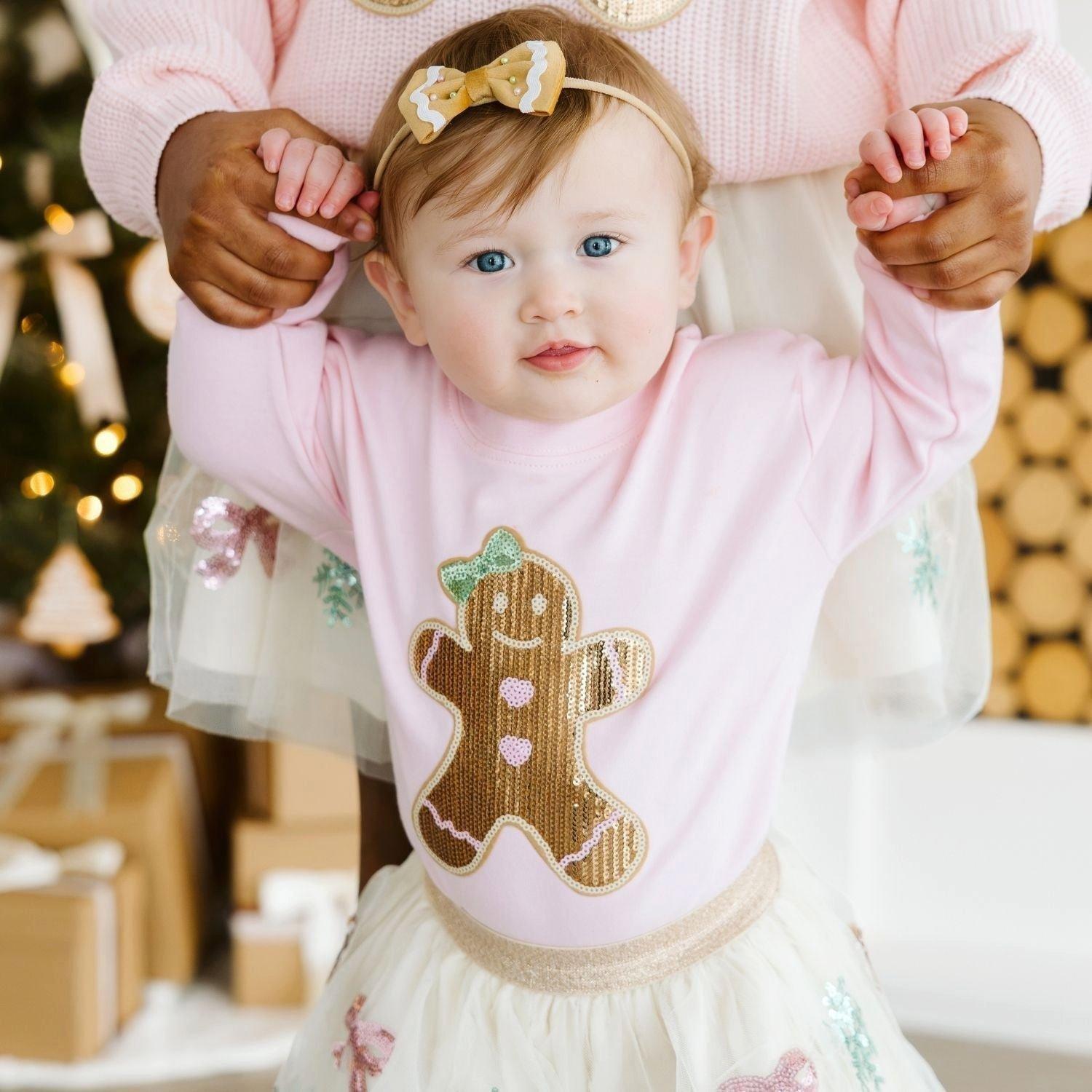 Gingerbread Sequin Patch Christmas Long Sleeve Romper image number 1