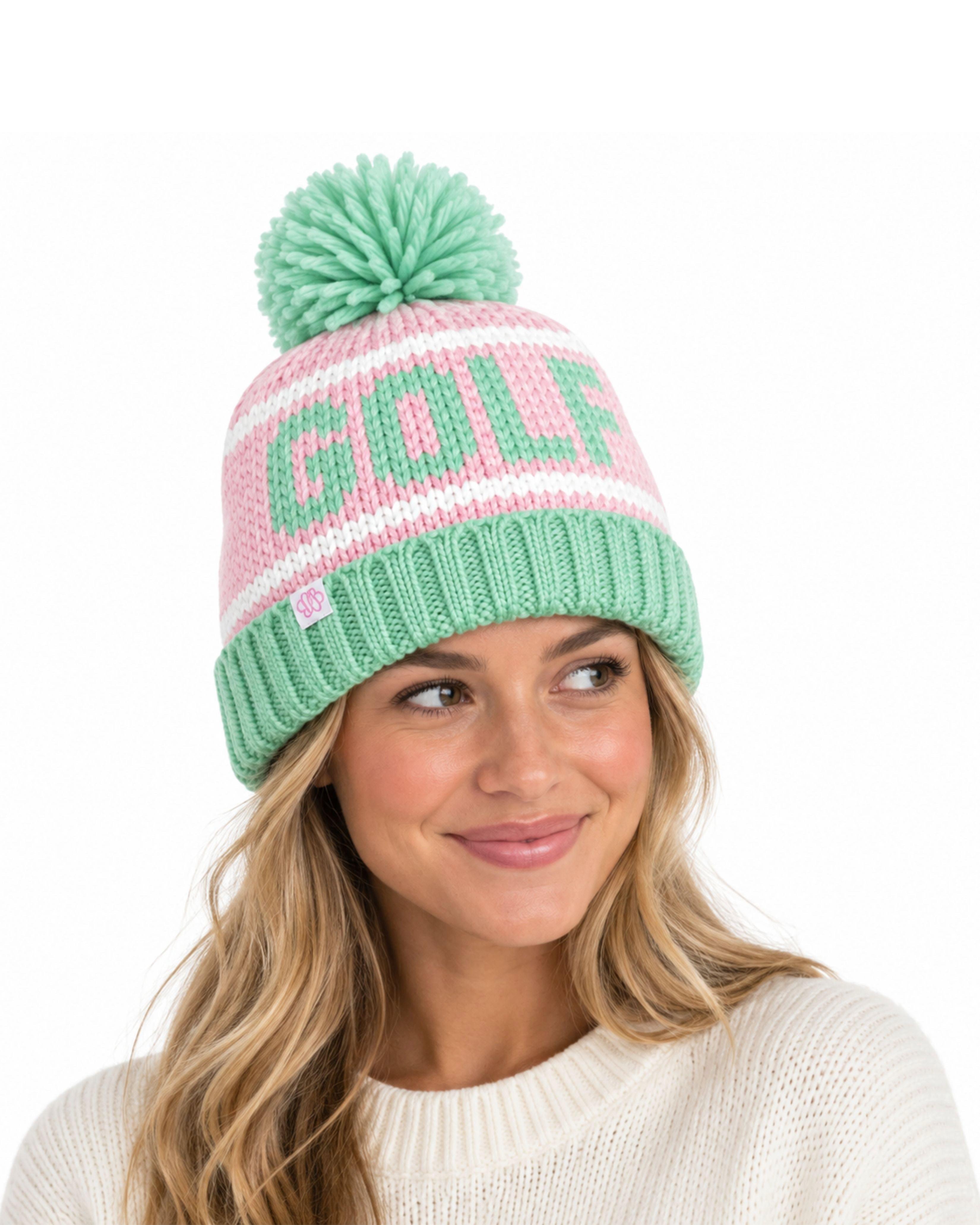 Adult Golf Bobble Hat - Pink & Green image number 1
