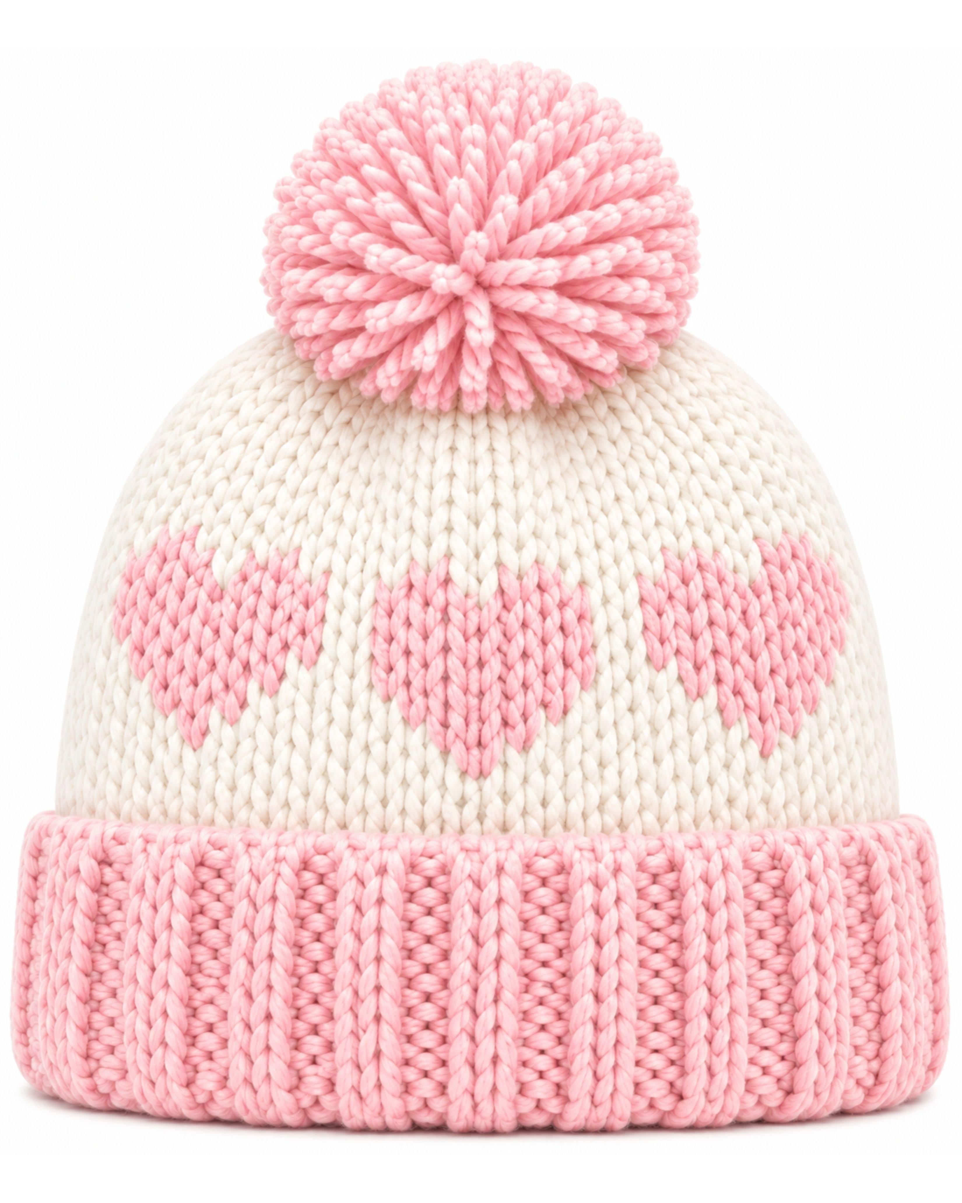 Hearts Bobble Hat - Pink & Cream image number 2