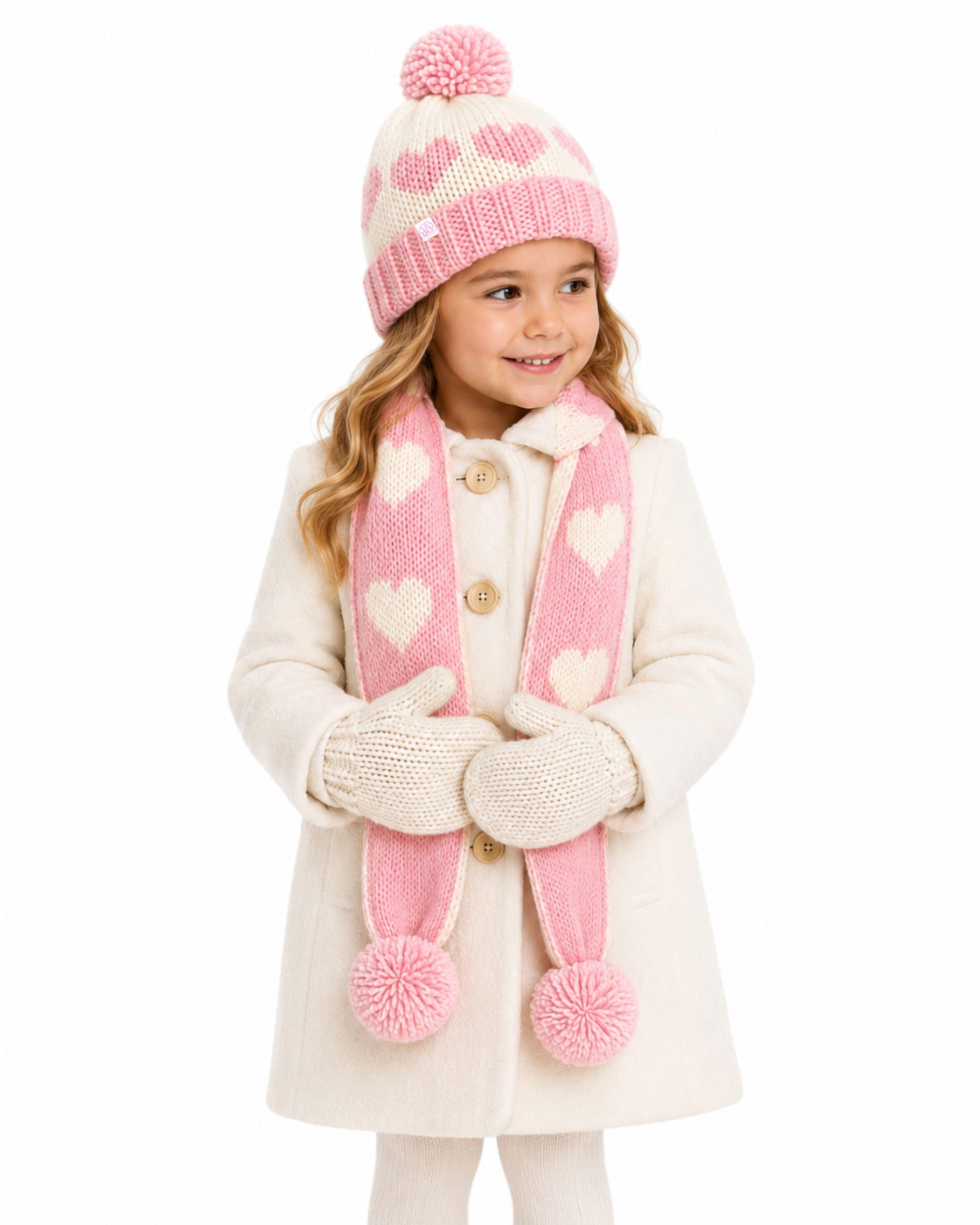 Hearts Bobble Hat - Pink & Cream image number 1