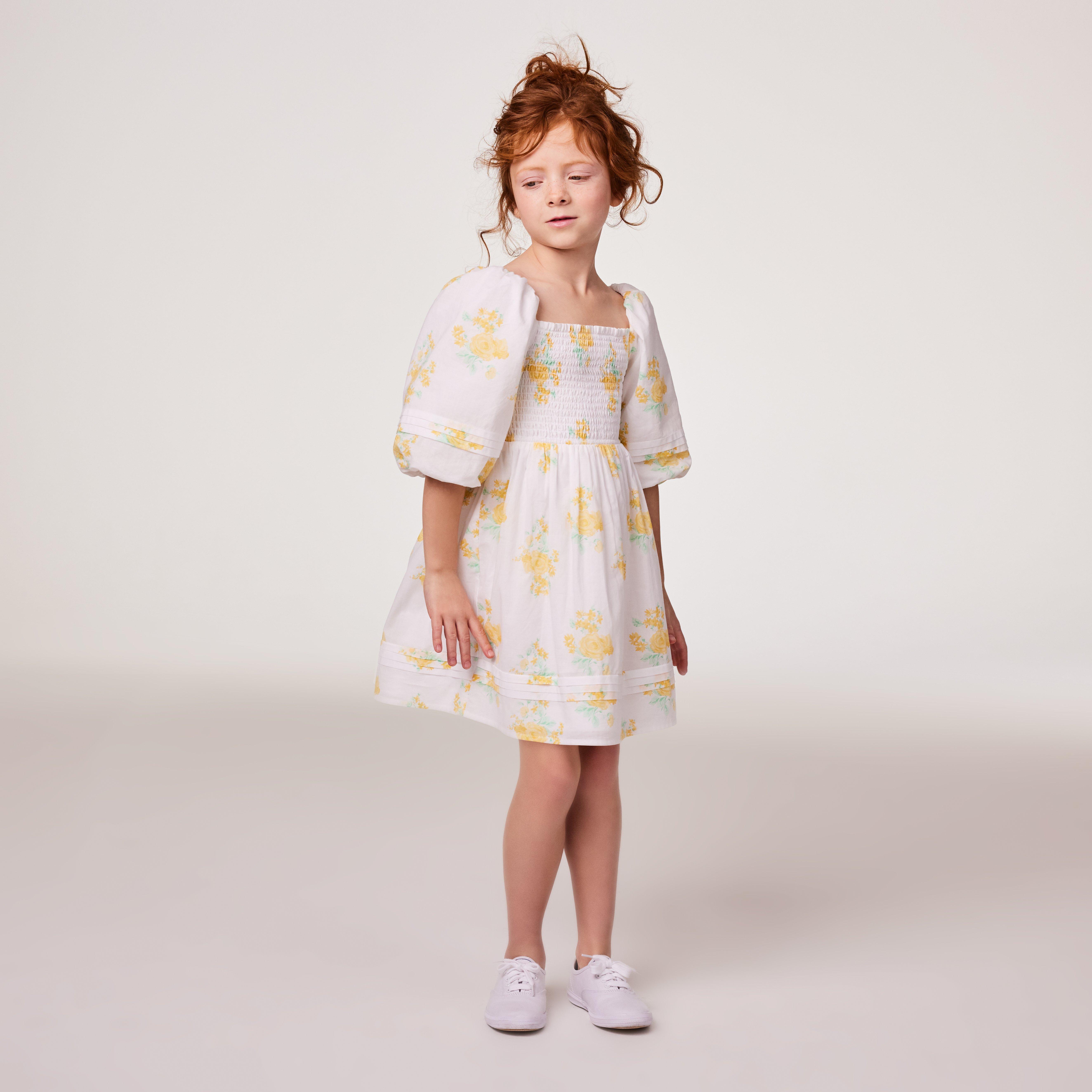 Girl White Floral The Natalie Floral Smocked Bubble Sleeve