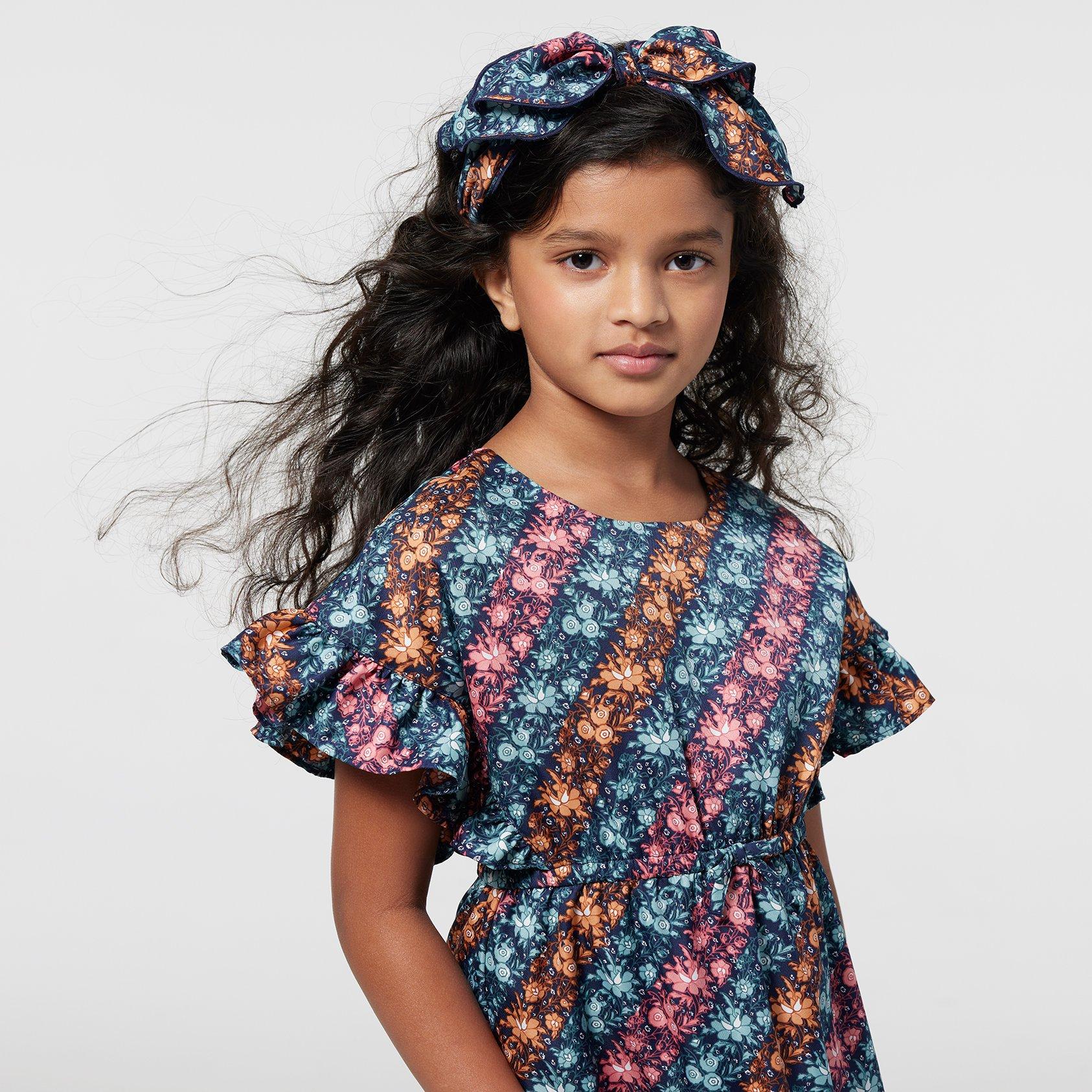 Diagonal Floral Stripe Ruffle Dress image number 4