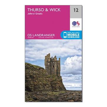 Pink Ordnance Survey Landranger 12 Thurso & Wick, John O'Groats Map With Digital Version