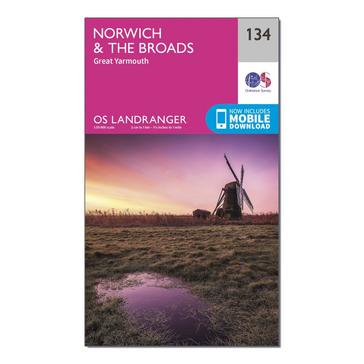 Pink Ordnance Survey Landranger 134 Norwich & The Broads, Great Yarmouth Map With Digital Version