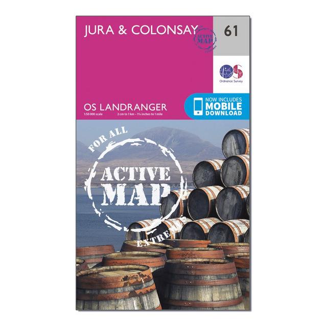 Pink Ordnance Survey Landranger Active 61 Jura & Colonsay Map With Digital Version image 1