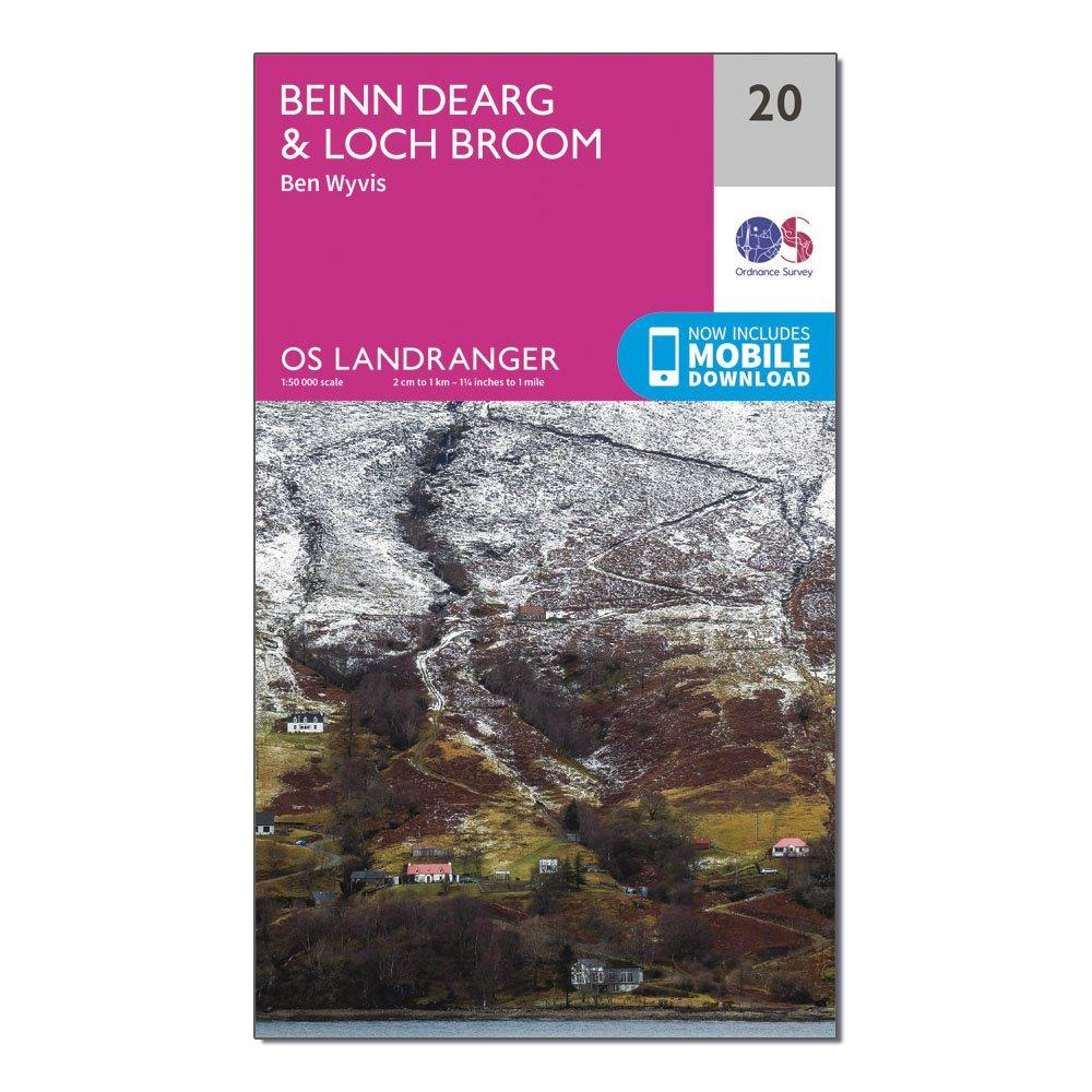 Image of Ordnance Survey Landranger 20 Beinn Dearg & Loch Broom, Ben Wyvis Map With Digital Version - Pink, Pink