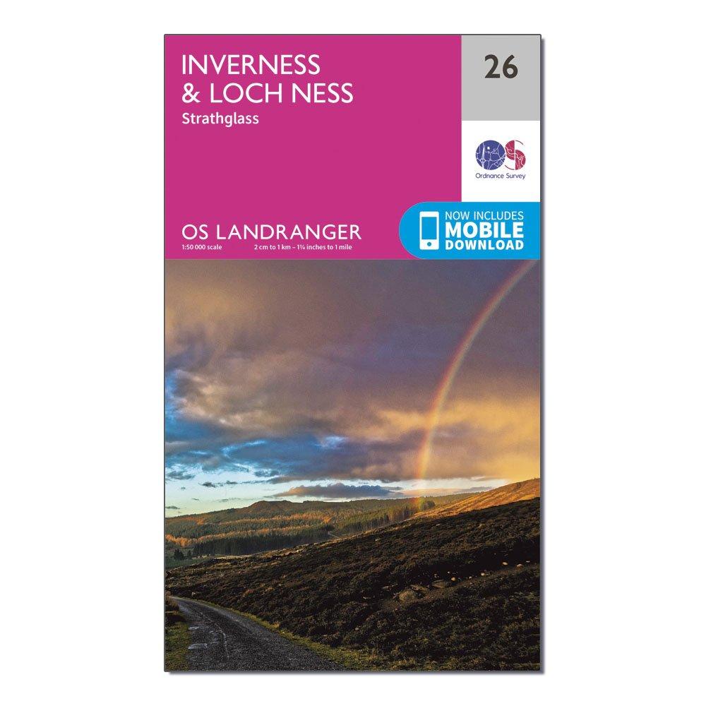 Image of Ordnance Survey Landranger 26 Inverness & Loch Ness, Strathglass Map With Digital Version - Pink, Pink