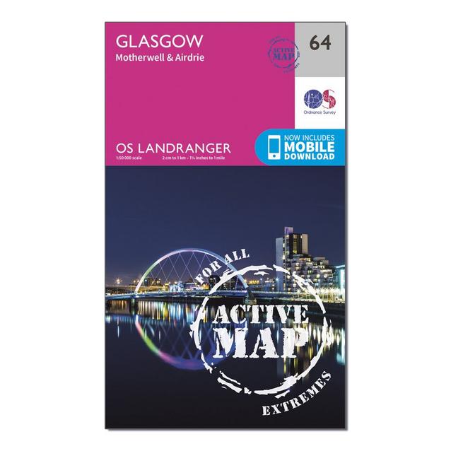 Pink Ordnance Survey Landranger Active 64 Glasgow, Motherwell & Airdrie Map With Digital Version image 1
