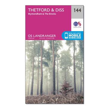 Pink Ordnance Survey Landranger 144 Thetford & Diss, Breckland & Wymondham Map With Digital Version