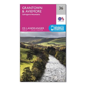 Pink Ordnance Survey Landranger 36 Grantown, Aviemore & Cairngorm Mountains Map With Digital Version