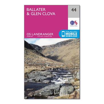 Pink Ordnance Survey Landranger 44 Ballater, Glen Clova Map With Digital Version