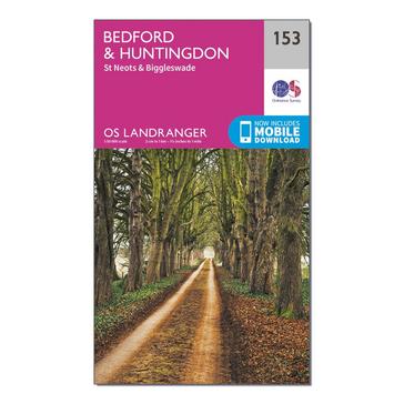 Pink Ordnance Survey Landranger 153 Bedford, Huntingdon, St Neots & Biggleswade Map With Digital Version