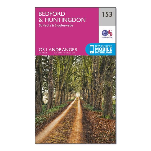 Pink Ordnance Survey Landranger 153 Bedford, Huntingdon, St Neots & Biggleswade Map With Digital Version image 1