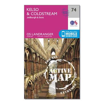 Pink Ordnance Survey Landranger Active 74 Kelso & Coldstream, Jedburgh & Duns Map With Digital Version