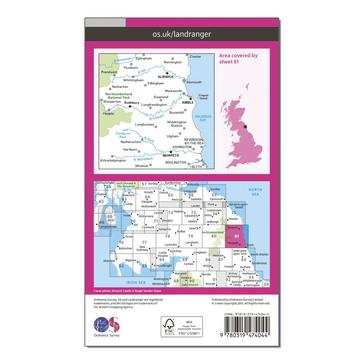 Pink Ordnance Survey Landranger Active 81 Alnwick & Morpeth, Rothbury & Amble Map With Digital Version